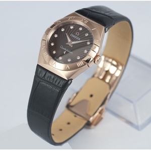 Omega Constellation Double Eagle Series 18K Rose Gold Ladies Quartz Watch Black Leather Strap Swiss Original Quartz Movement Hong Kong Assembly