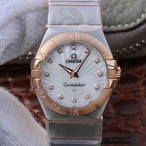 V6 Omega Constellation Series Ladies Quartz Watch 27mm One to One indgraveret Ægte 18k Rose Gold romertal
