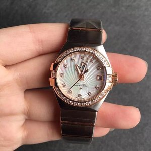 V6 Ny Omega Constellation Rose Gold Diamond Ring Radial Mønster Mor-of-Pearl Face Ladies Mekanisk Watch