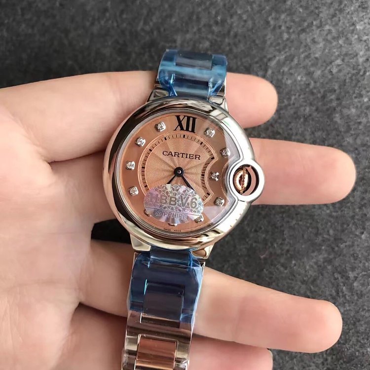 V6 Cartier blå ballon 33 Rose Gold Diamond Edition Quartz Ladies Watch - Klik på billedet for at lukke