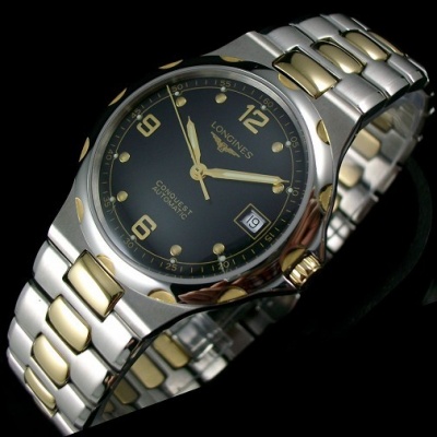 Schweizer Uhren Longines Concas Serie 18K gold Stahlgürtel schwarz Gesicht digitale Diamant vollbewegenden mechanischen Stahlgürtel durch die untere Herrenuhr - zum Schließen ins Bild klicken