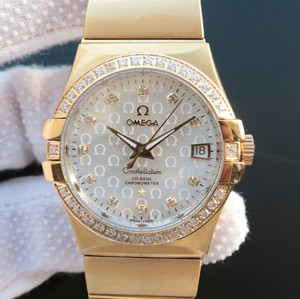 Omega Constellation Series 123.20.35, caja de pulsera de oro amarillo de 18k chapada en acero inoxidable, reloj mecánico de hombre de cara blanca