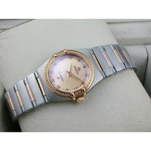 Reloj suizo famoso serie Omega Constellation señoras reloj bolsa de diamantes 18K cinturón de acero de oro rosa caja romana dos manos diamante escala oro cara cuarzo suizo señoras reloj