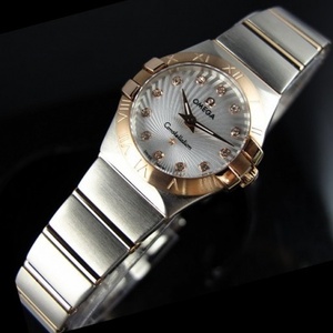 Suizo Omega OMEGA Constellation cuarzo doble águila 18K rosa oro ultra delgado reloj de mujer reloj sol patrón blanco cara reloj señoras