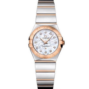 V6 Omega Constellation Series Reloj de cuarzo de las damas 27mm uno a uno grabado genuino concha cara rosa oro