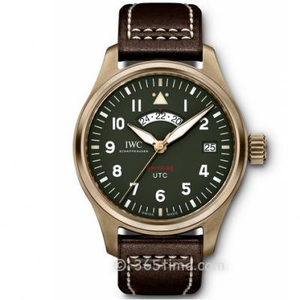ZF producido IWC Spitfire caza Piloto UTC Universal Time Bronze Watch "MJ271" Edición Especial, (placa verde) .
