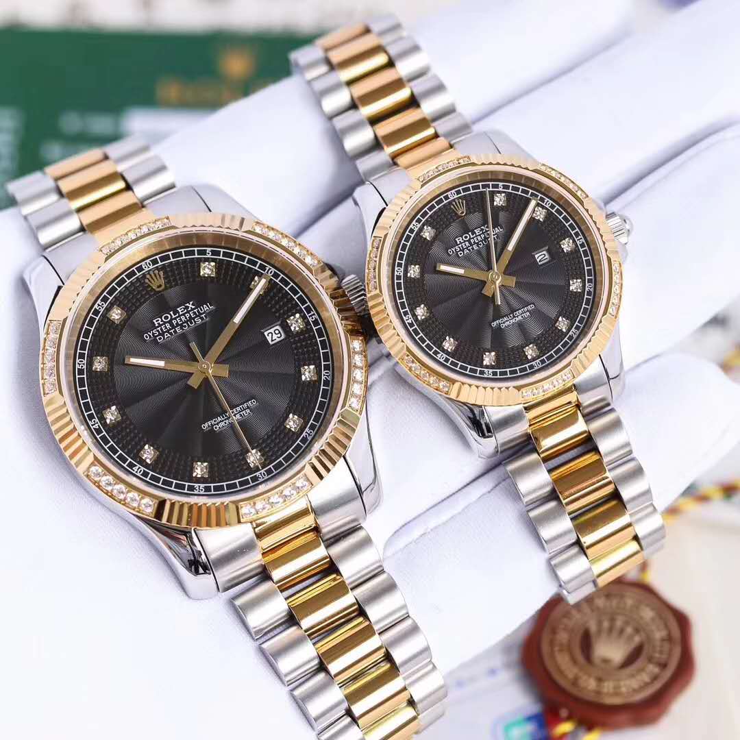 Nuevos relojes Rolex Oyster Perpetual Series Couple de cara negra, relojes Rolex Gold Diamond para hombre y mujer (precio unitario) - Haga un click en la imagen para cerrar