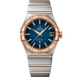 VS réplique d'usine Omega Constellation série 123.20.38.21.02.007 montre pour homme en or rose à visage bleu.