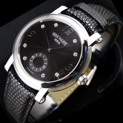 Swiss watch Patek Philippe black leather strap retro independent small second steel case two hands half black numerals diamond Roman scale - Cliquez sur l'image pour la fermer