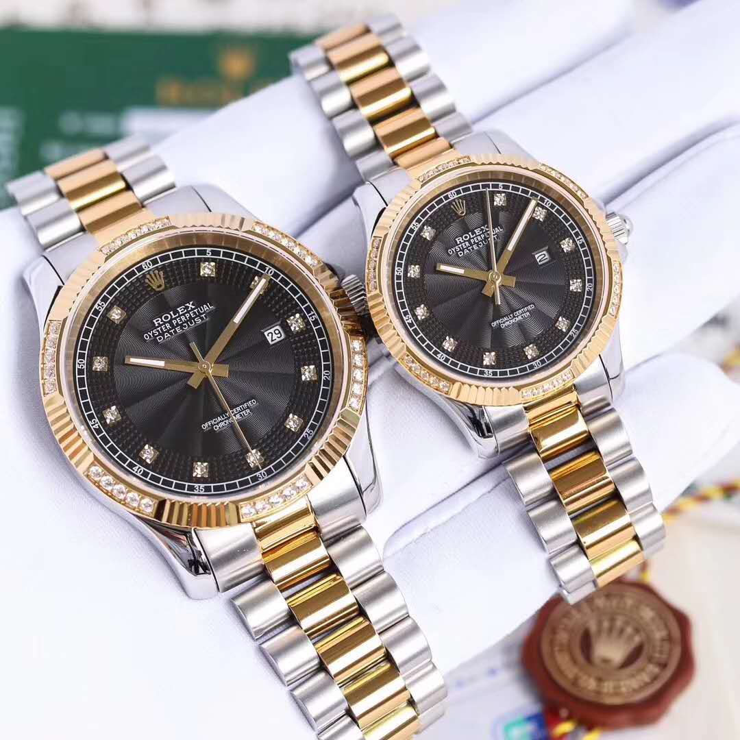 New Rolex Oyster Perpetual Series Couple Black-faced Pair Watches, Rolex Gold Diamond Men's and Women's Mechanical Watches (Unit Price) - Cliquez sur l'image pour la fermer