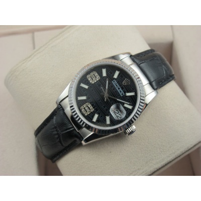 Rolex Rolex Watch Datejust Black Leather Strap Casual Fashion Black Diamond Bar Ding Digital Scale Men's Watch Swiss ETA Movement - Click Image to Close