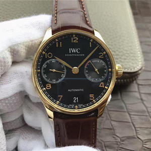 La fabbrica IWC Gold Edition Portoghese Seven V5 (Official Model IW500101 Black Plate Brown Belt)