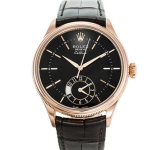 Una replica Rolex Cellini 50525 placca nera oro rosa, doppio fuso orario cronografo a ore 6