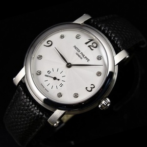 スイスの時計パテックフィリップブラックレザーストラップレトロ独立小第二スチールケース両手と半数字ダイヤモンドホワイトフェイススケール