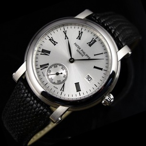 スイスの時計パテックフィリップブラックレザーストラップレトロ独立小第二スチールケース両手と半分ローマスケール