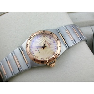 Omega Constellation Series Ladies Watch 18K Rose Gold Steel Band Roman Case Two-pin Diamond Scale Golden Sun Pattern Road Surface Swiss Quartz Ladies Watch