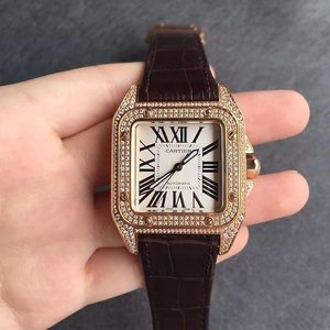 V6 Factory Cartier Santos Rose Gold Full Diamond Medium Dames Mechanisch Horloge