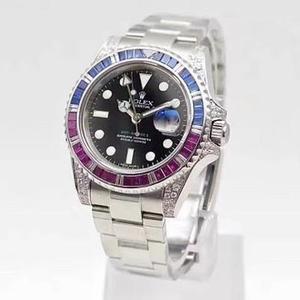 Novo produto da fábrica da BP, Rolex cravejado de diamantes, círculo de arco-íris de pedra preciosa GMT Série Greenwich, tamanho 40mm relógio unissex