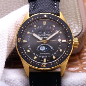 TW Blancpain Fifty Searches Series 5054-1110-B52A Relógio mecânico automático da fase da lua em aço preto e branco.