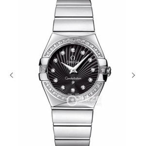 V6 Omega Constellation Series Ladies Quartz Watch 27mm One to One Gravado Diamantes genuínos da face preta