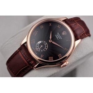 Полуавтоматические механические часы Rolex Cellini с двумя стрелками, мужские часы, розовое золото 18 карат, черный циферблат, коричневый ремешок
