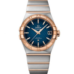 VS заводские реплики Omega Constellation серии 123.20.38.21.02.007 мужские часы из розового золота с синим циферблатом.