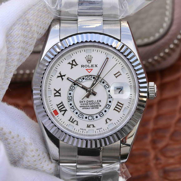 Re-engraved Rolex Oyster Perpetual SKY-DWELLER Series Men's Mechanical Watch White Face - Click Image to Close