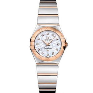 V6 Omega Constellation Series Ladies Quartz Watch 27mm En till en graverad Äkta Shell Face Rose Gold